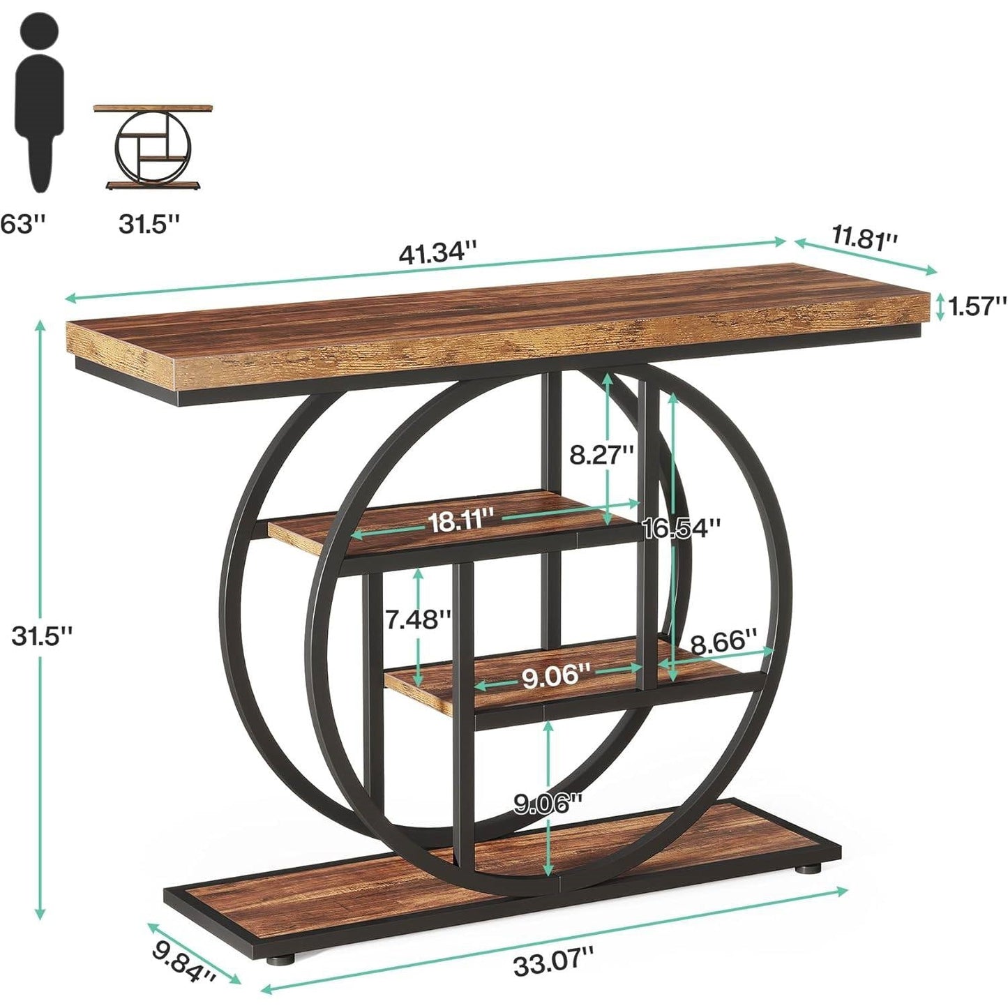 Modern Industrial 41-inch Long Narrow Entryway Foyer Console Table with Shelves featuring circular base and detailed dimensions