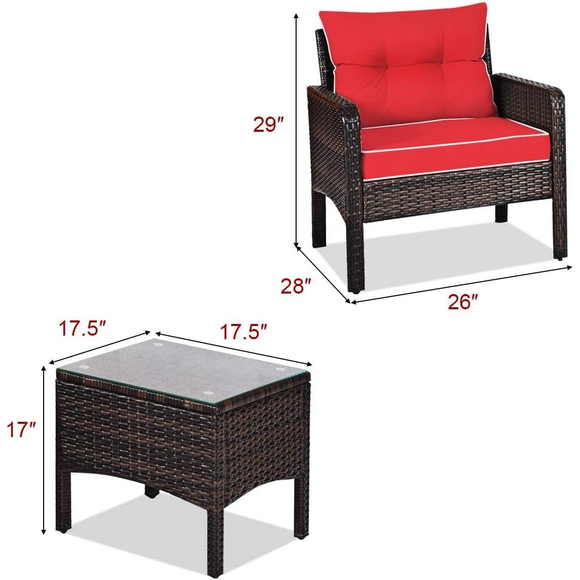 Dimensions of the 3-Piece Brown PE Rattan Outdoor Dining Patio Furniture Set with Red Cushions showing chair and table measurements.