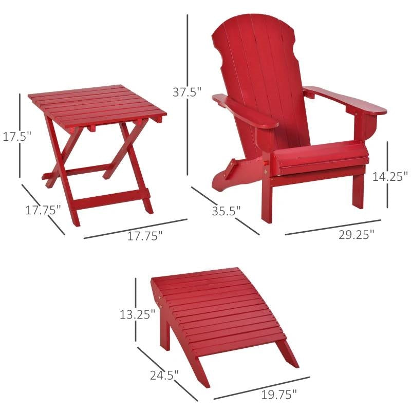 3-Piece Red Folding High-back Adirondack Chair Ottoman and Side Table set with chair, table, and footrest dimensions.