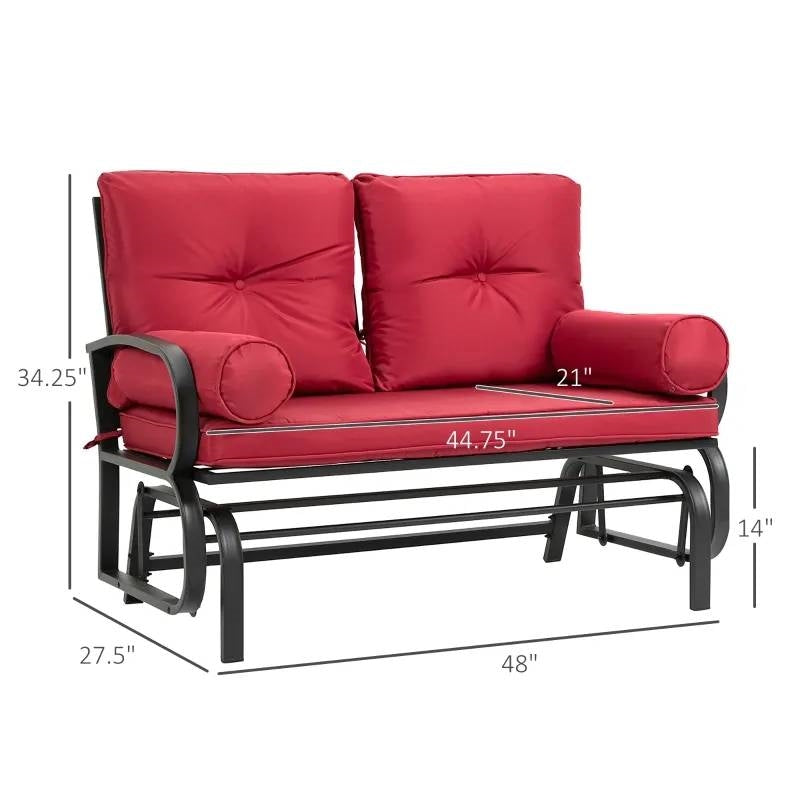 Steel Outdoor Garden Patio Rocking Glider Chair Loveseat with Red Cushions featuring a quiet gliding system and button tufting design.