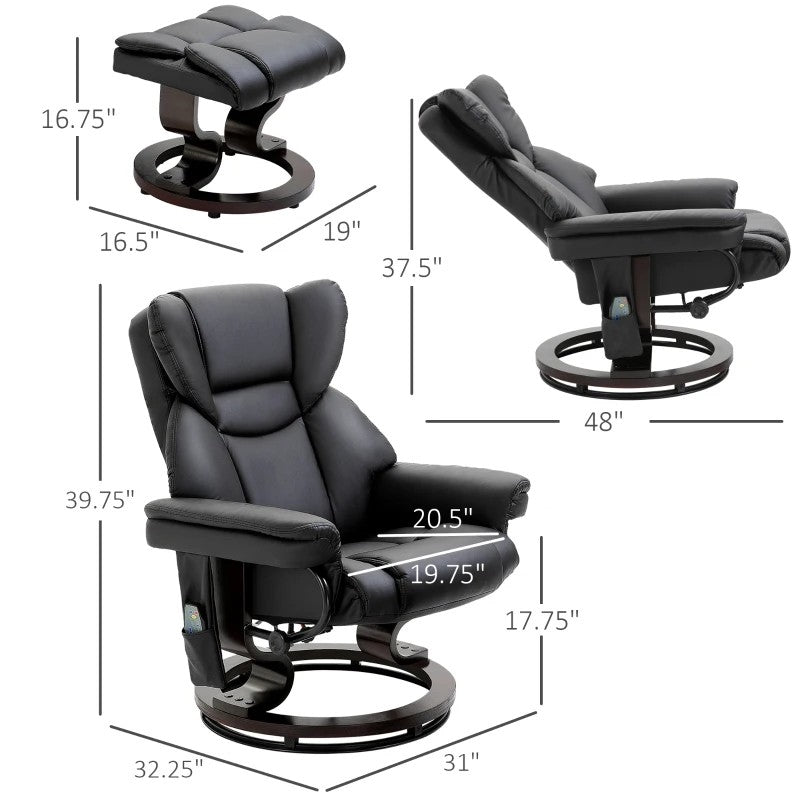 Adjustable Black Faux Leather Remote Massage Recliner Chair w/ Ottoman dimensions and features.