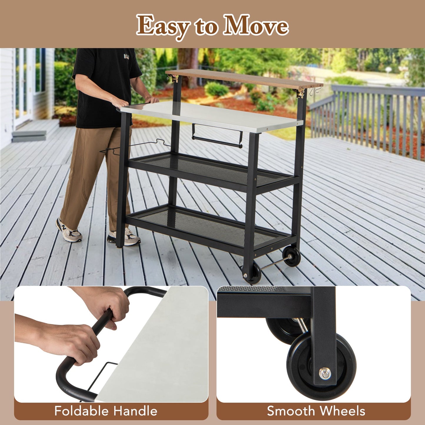 Rolling Bar Cart with Flip-up Table and Hooks for Kitchen; easy to move on deck with foldable handle and smooth wheels.