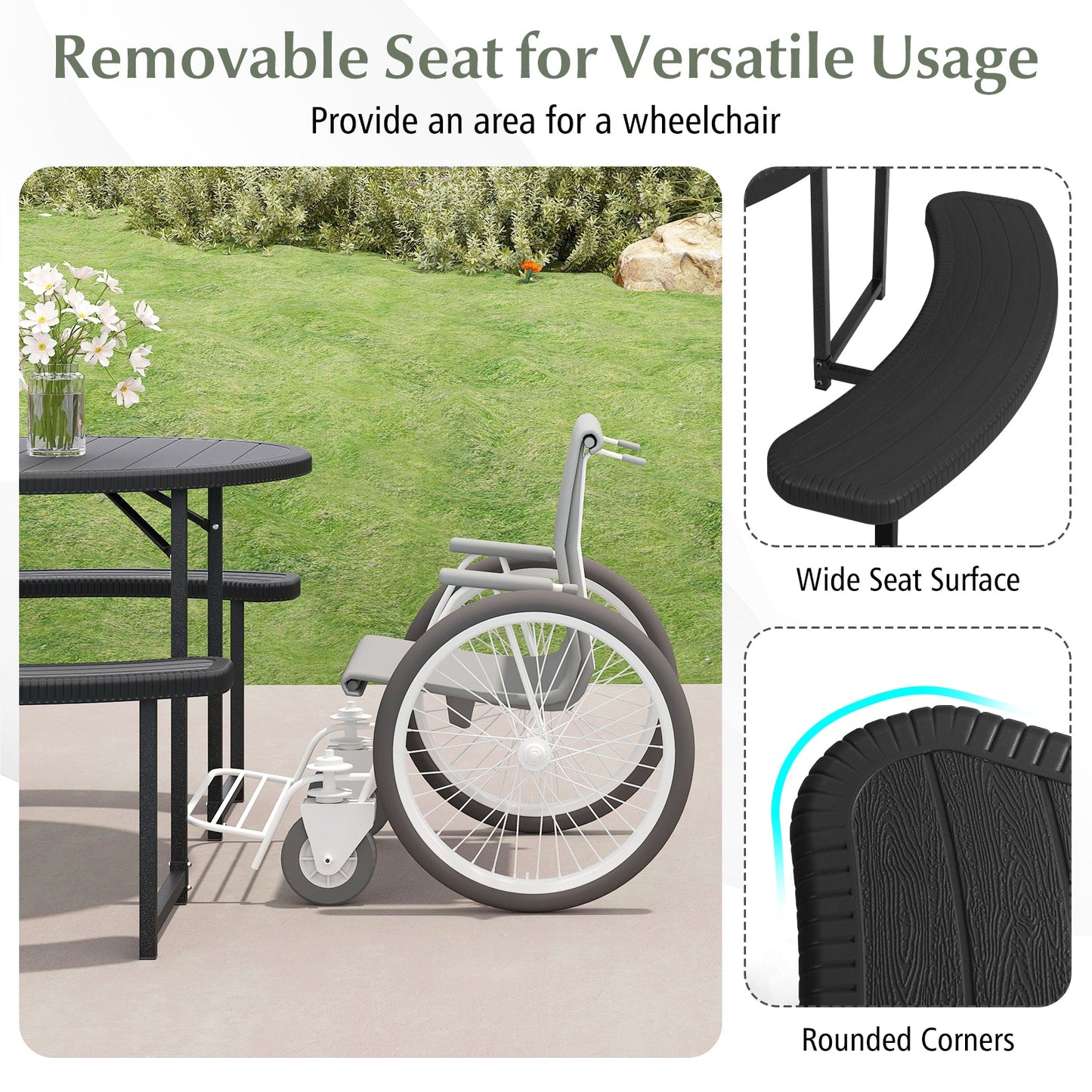 Round Picnic Table Bench Set with 4 Benches and Umbrella Hole for Patio Lawn-Black showing wheelchair access and removable seat