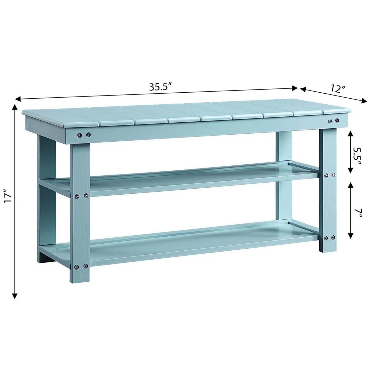 Sea Foam Aqua Blue Wood 2-Shelf Shoe Rack Storage Bench for Entryway or Closet with dimensions displayed