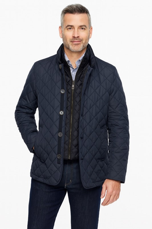 Man wearing Dual-Layer Quilted Nylon Jacket - Navy with diamond pattern, tailored fit, ideal for casual and professional occasions.
