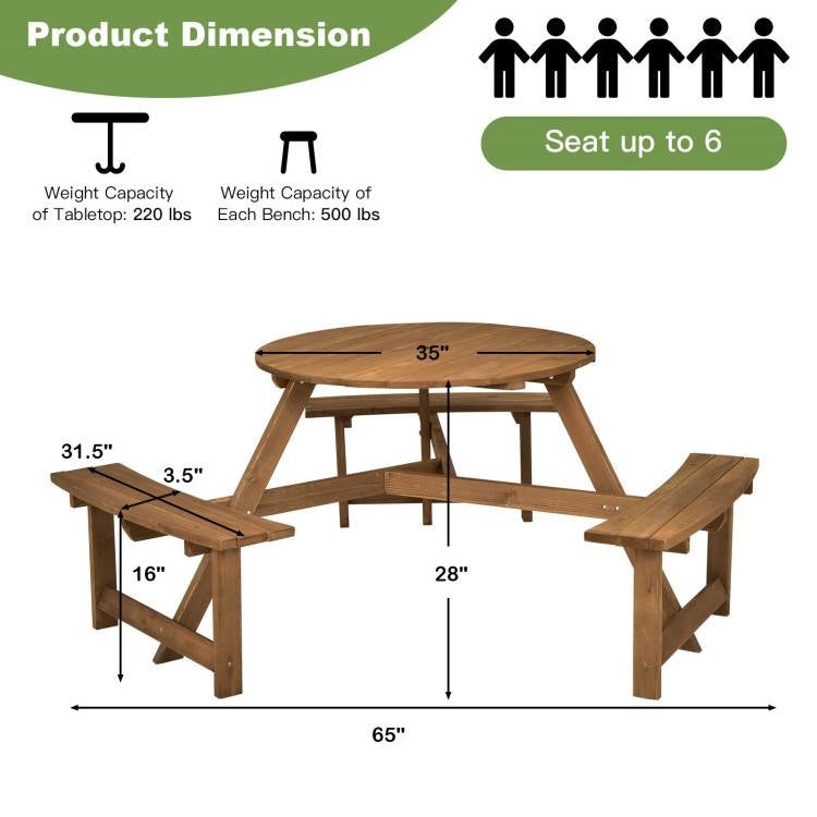 Dimensions of the Outdoor Solid Wood Round Picnic Table Set with Umbrella Hole and 3 Benches, seating up to 6 people.