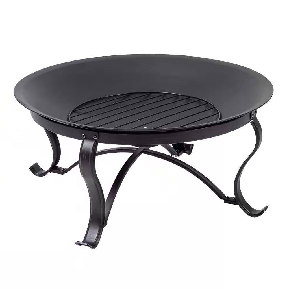 30-inch Round Steel Outdoor Fire Pit with Mesh Cover and Poker in Bronze featuring decorative legs and a rubbed bronze fire bowl.