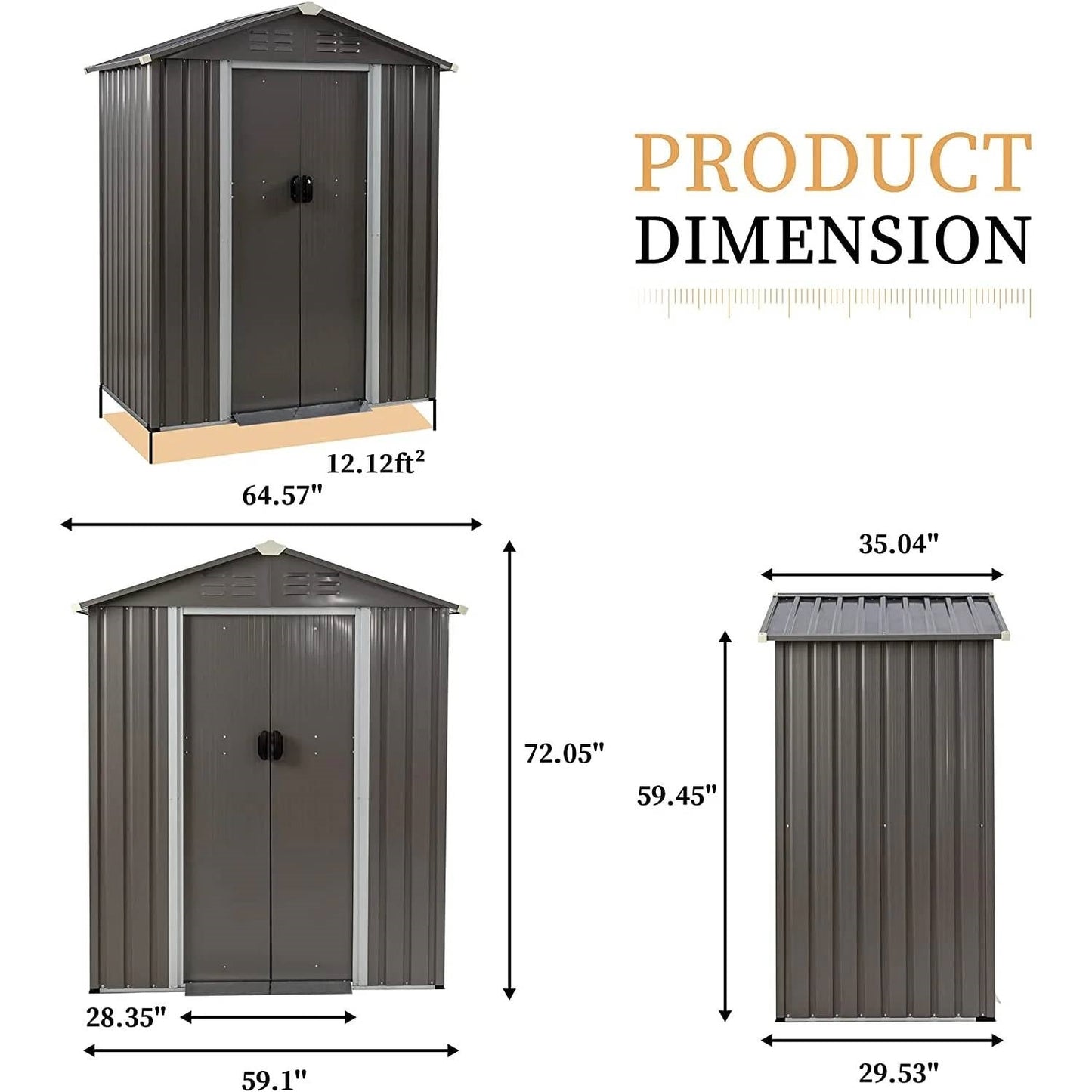 Dimensions view of 5 x 3 ft. Outdoor Grey Metal Garden Storage Shed with lockable door and sloped roof.