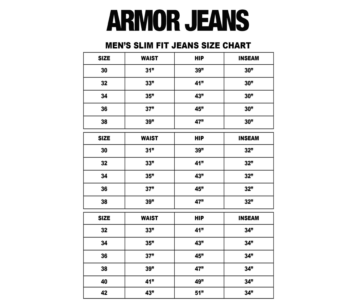 Armor Jeans men's slim fit jeans size chart with waist, hip, and inseam measurements for sizes 30 to 42.