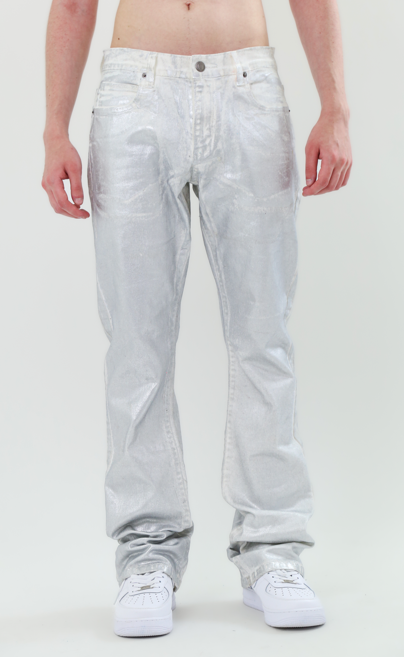 ASJ08 FOIL WASH STACKED JEANS with mid-rise waist and stretchy fabric, featuring a stacked leg design