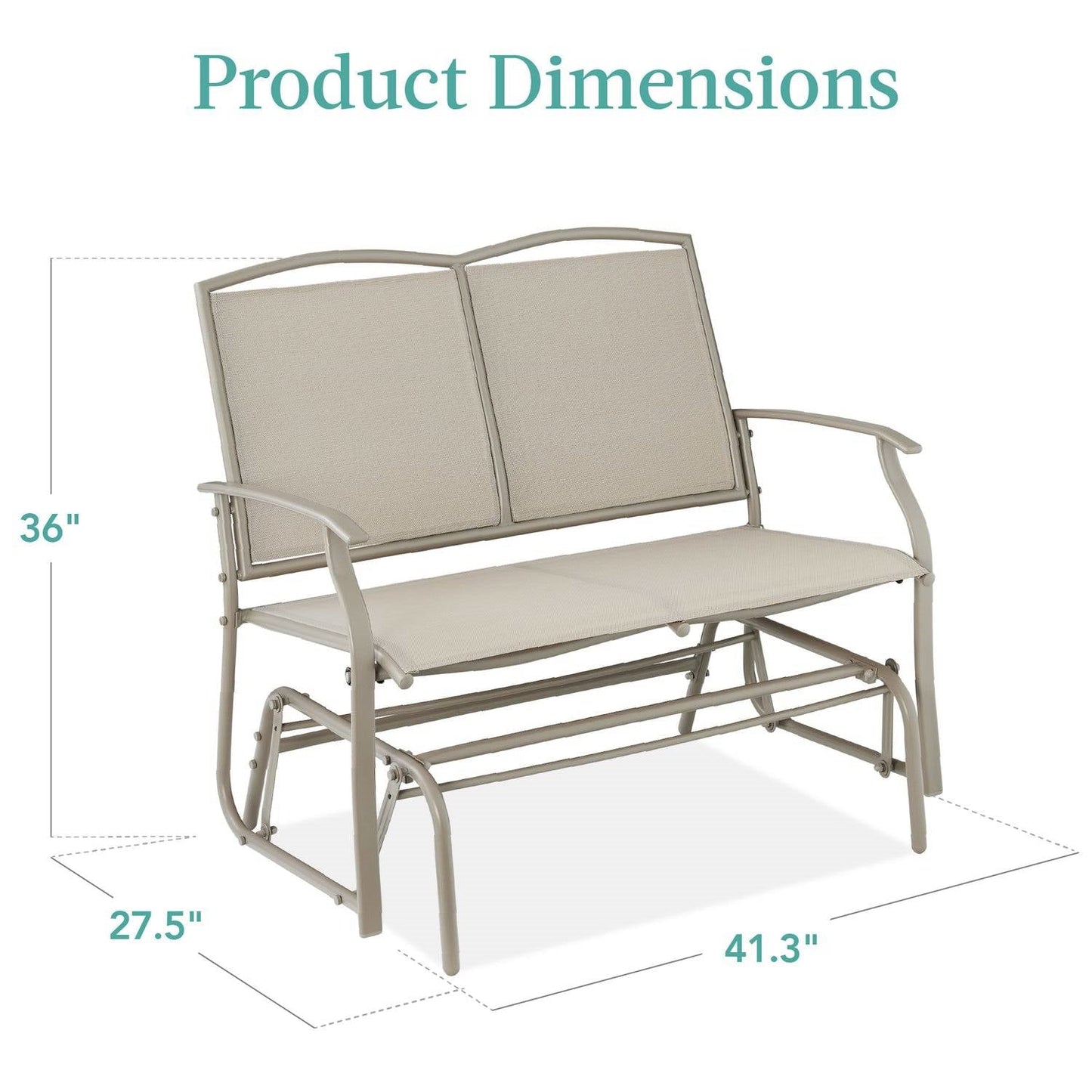 2 Seat Mesh Patio Loveseat Swing Glider Rocker with Armrests in Taupe product dimensions