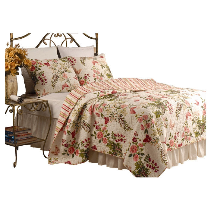 Twin size 100% Cotton Quilt Set with Sham in Pink Floral Butterfly displayed on a bed with floral and butterfly patterns.