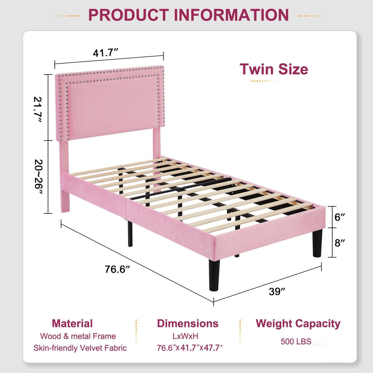 Set of 2 - Twin size Pink Upholstered Platform Bed with Nailhead Trim Headboard dimensions and features