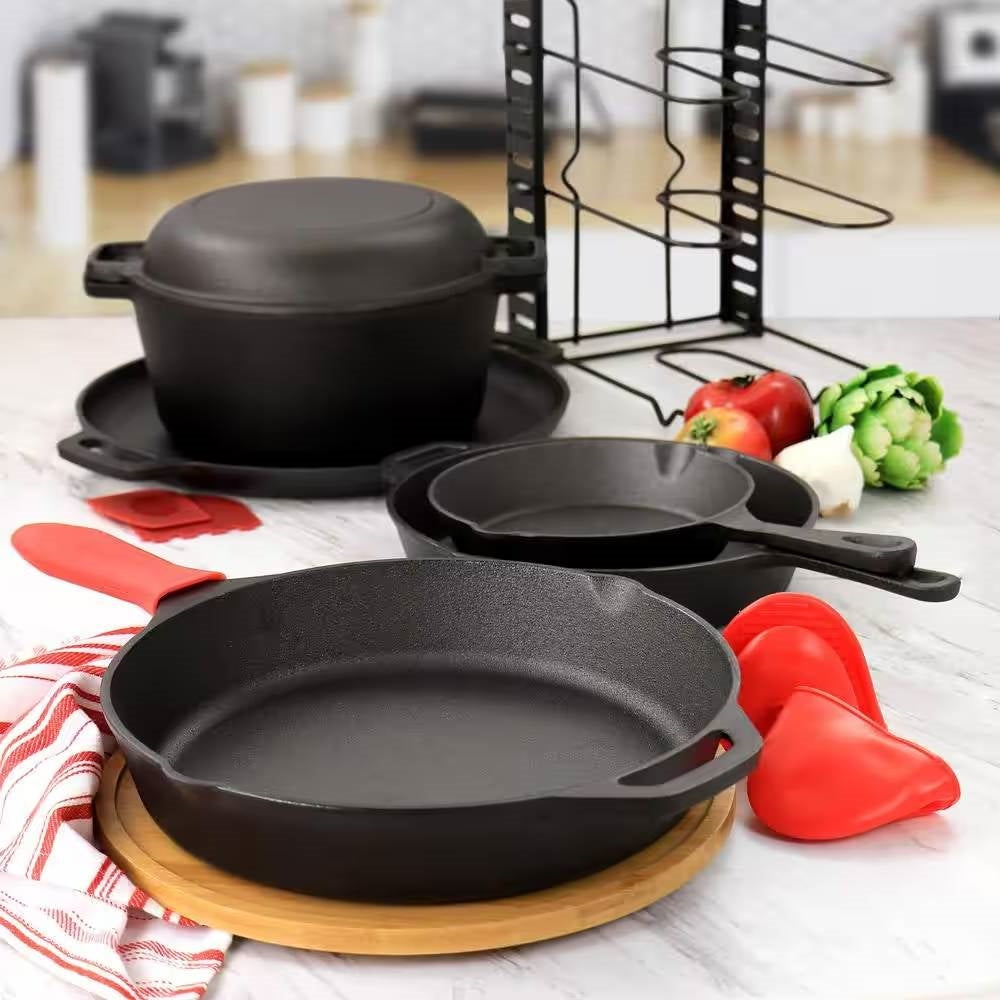 Complete 12-Piece Cast Iron Cookware set with Dutch Oven Frying Pan Skillet and Pizza Pan displayed on kitchen counter.