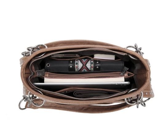 Interior view of Western Elegance Tooled Leather Purse showcasing spacious compartments and stylish design elements.