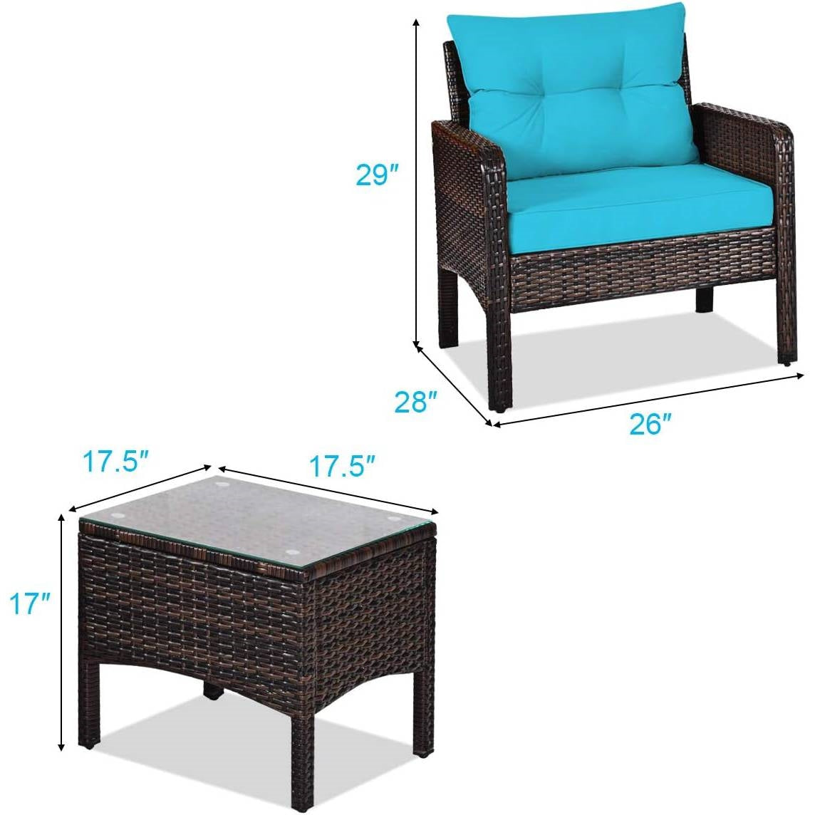 3-Piece Brown PE Rattan Outdoor Patio Furniture Dining Set w/ Turquoise Cushions shown with chair and table dimensions