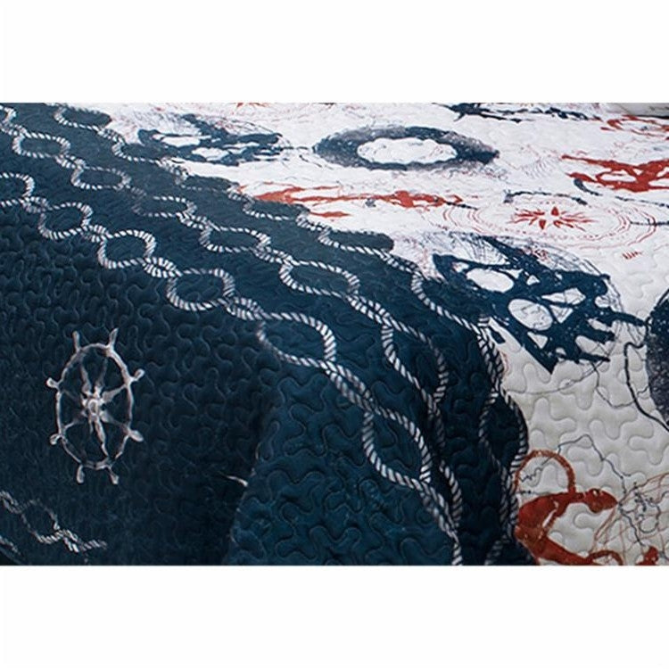 Twin Size Modern Coastal Anchor Polyester Reversible Quilt Set with nautical theme in navy blue and red.