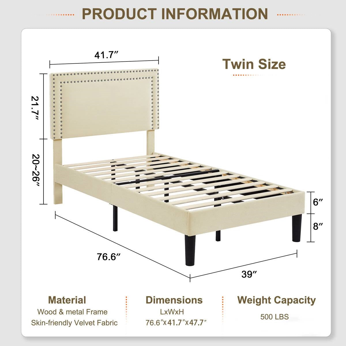 Product Dimensions and Features of Twin Size - Set of 2 - Dorm Style Beige Tufted Upholstered Platform Beds