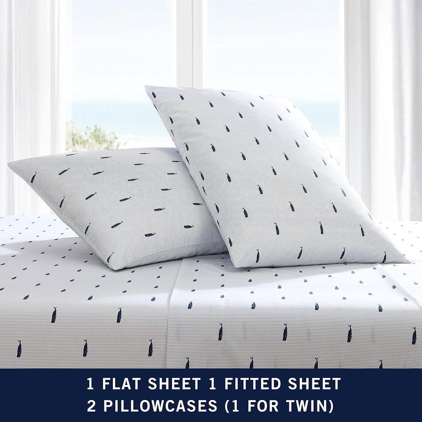 Twin size Coastal Beach 100-Percent Cotton Navy Blue White Stripe Sheet Set with pillows on bed