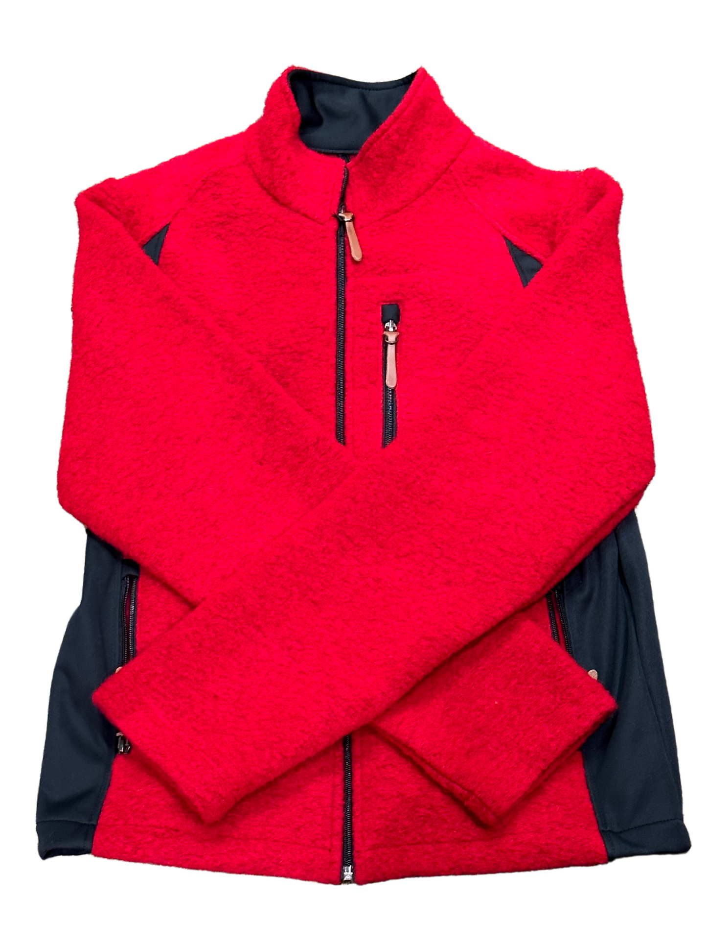 Washable Wool Red Jacket with zipper pockets, crafted in Italy, featuring premium wool and a tailored fit, displayed on a white background.