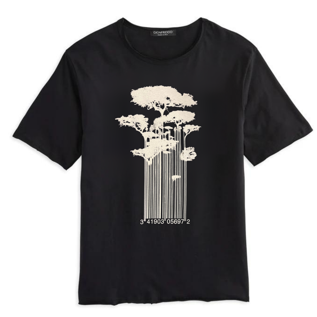 Graphic Short Sleeve Roll Neck T with white tree-inspired design and cascading lines on black fabric.