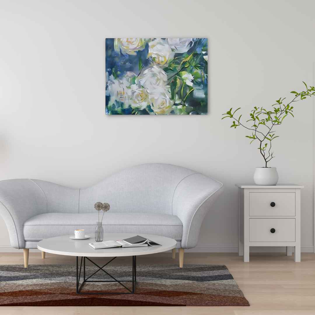 Light in Spines canvas featuring white roses with blue and green hues above a modern sofa, creating a serene atmosphere.