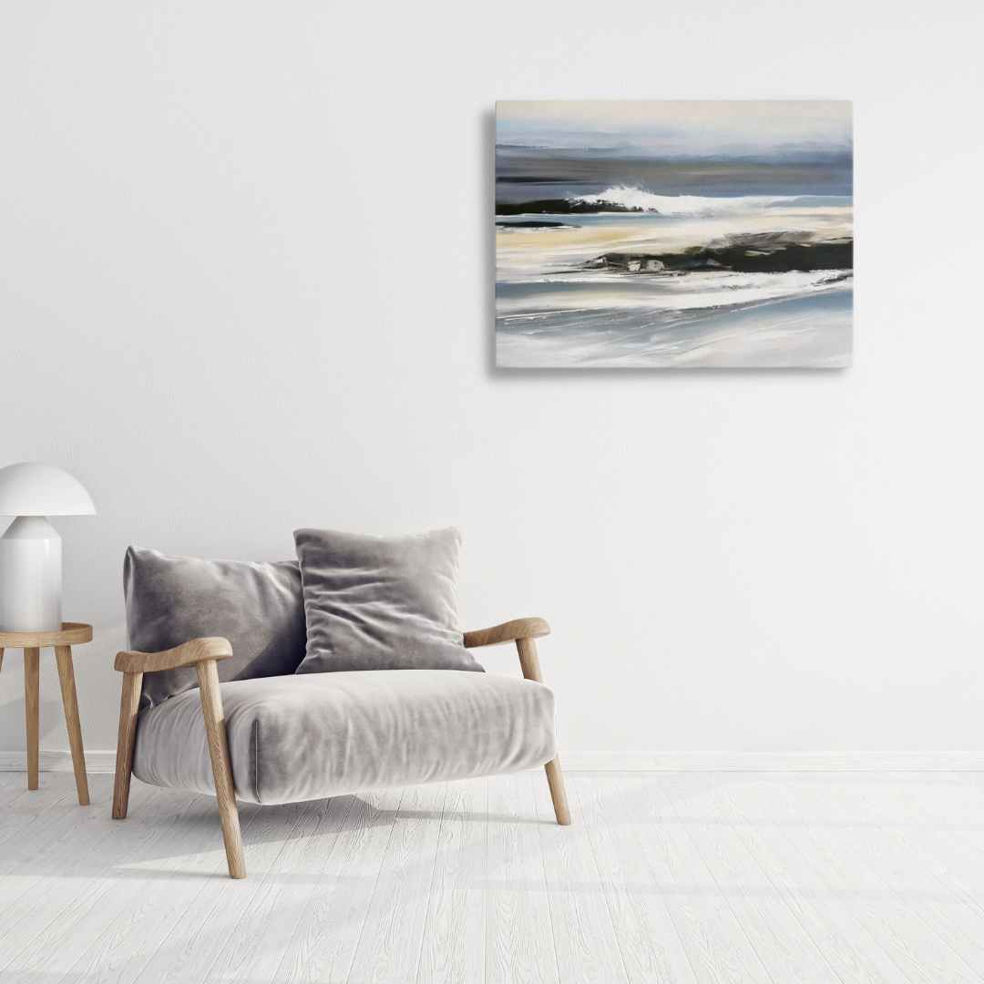 Ocean Waves Crashing on Rocks canvas print in modern living room setting.