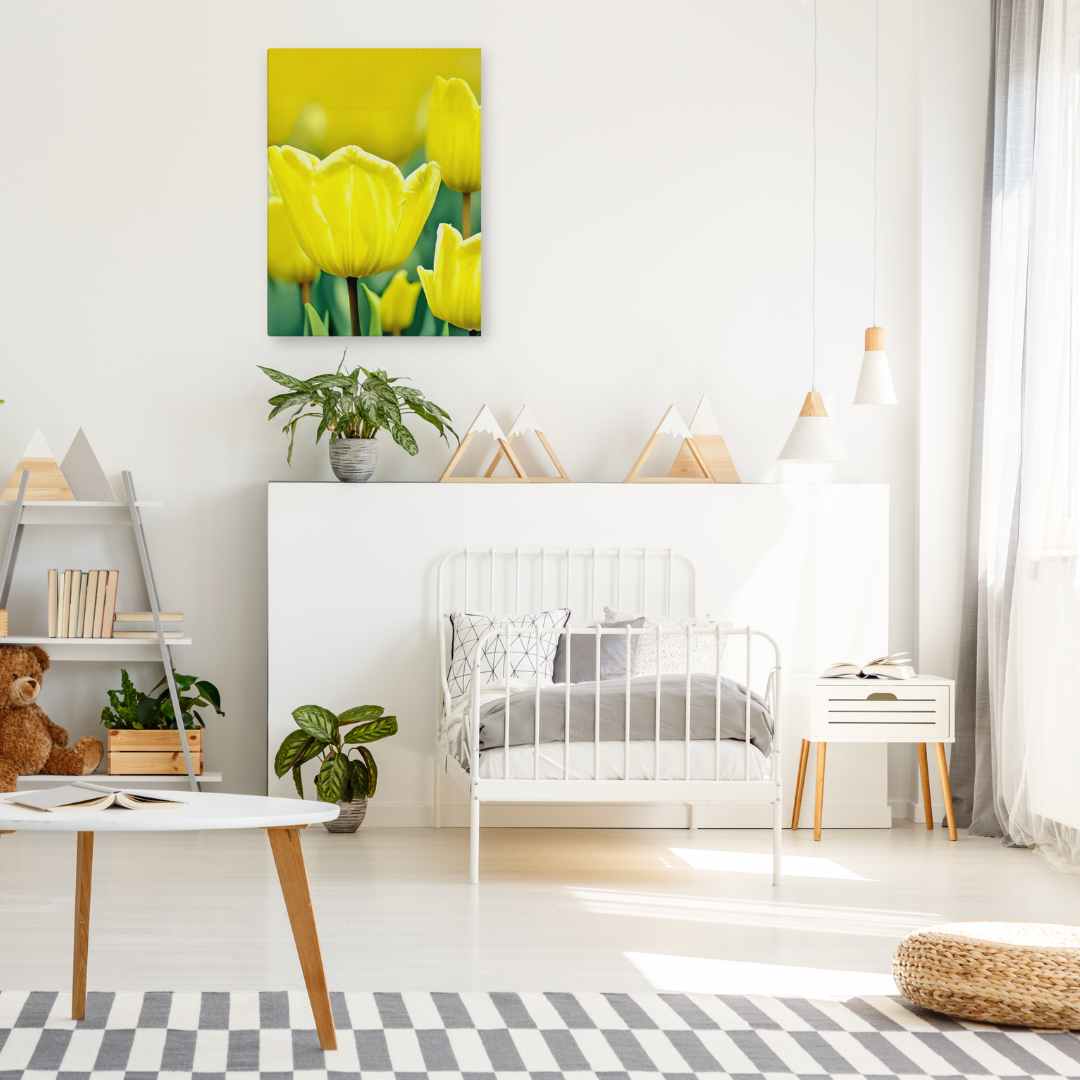 "Sunny Garden Blooms" yellow flower print in modern living room, vibrant art on white wall, springtime decor