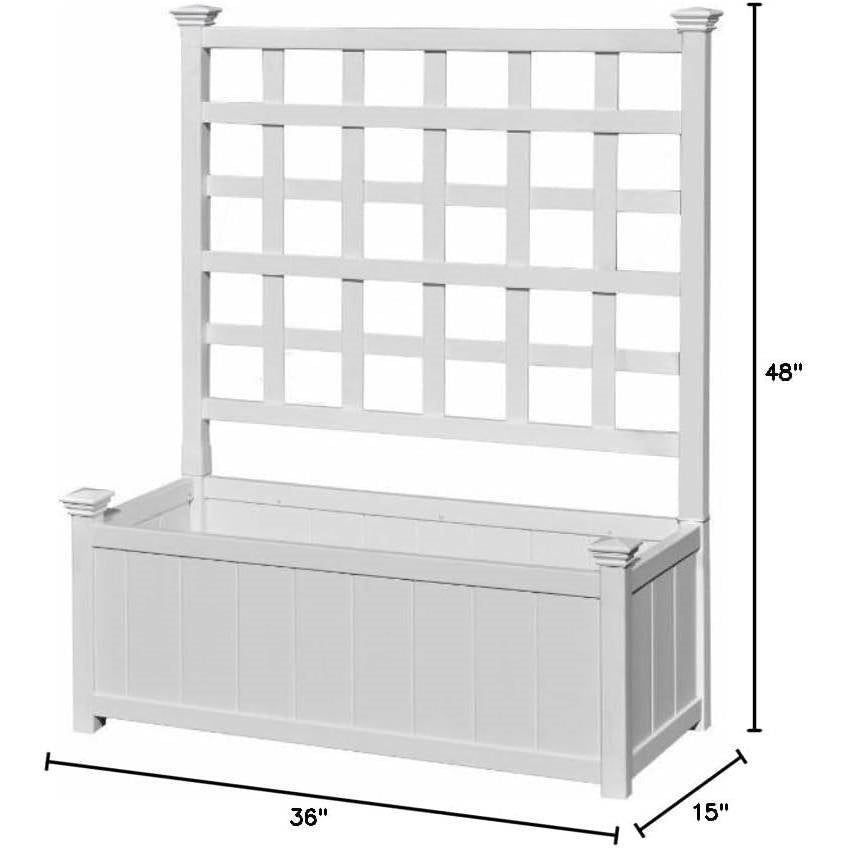 Outdoor White Vinyl Garden Planter Box with Trellis featuring a lattice grid for climbing plants, dimensions 36x15 inches, height 48 inches.