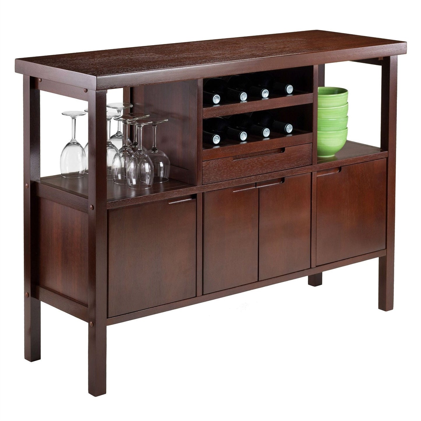 Sideboard Buffet Table Wine Rack in Brown Wood Finish with shelves, wine storage, and cabinet doors.