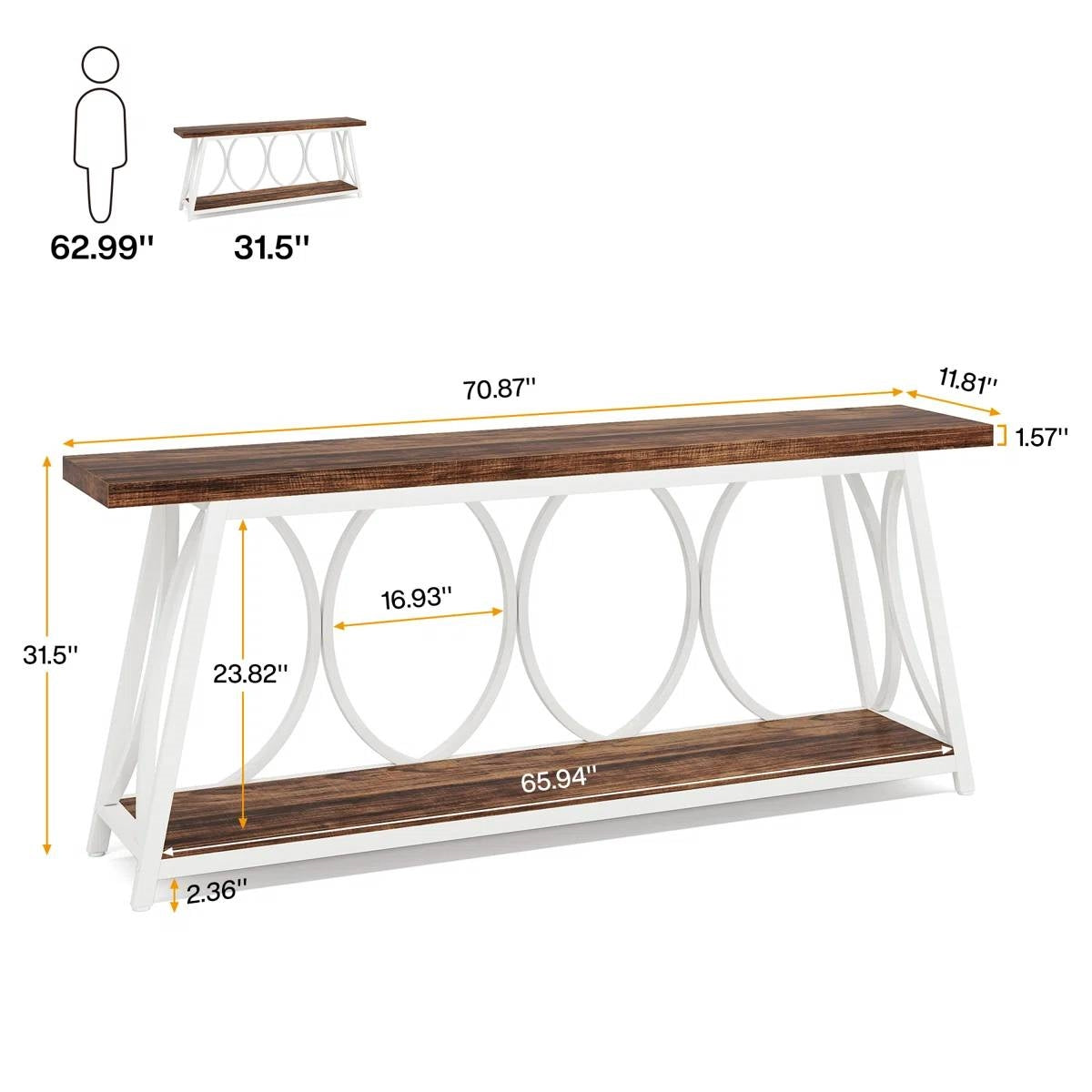 Industrial 70-inch Brown Wood Top Sofa Table with Heavy Duty White Metal Frame dimensions and design details