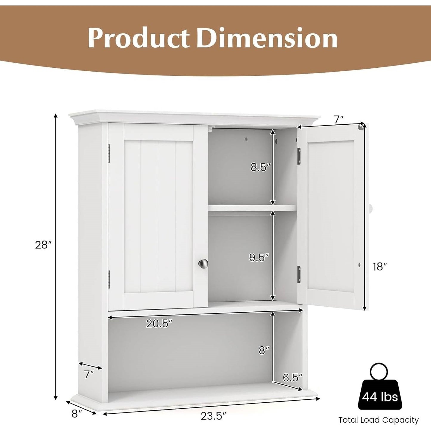 Dimensions of Wall Mounted Bathroom Medicine Cabinet with Open Storage Shelf in White, showing height, width, and depth details