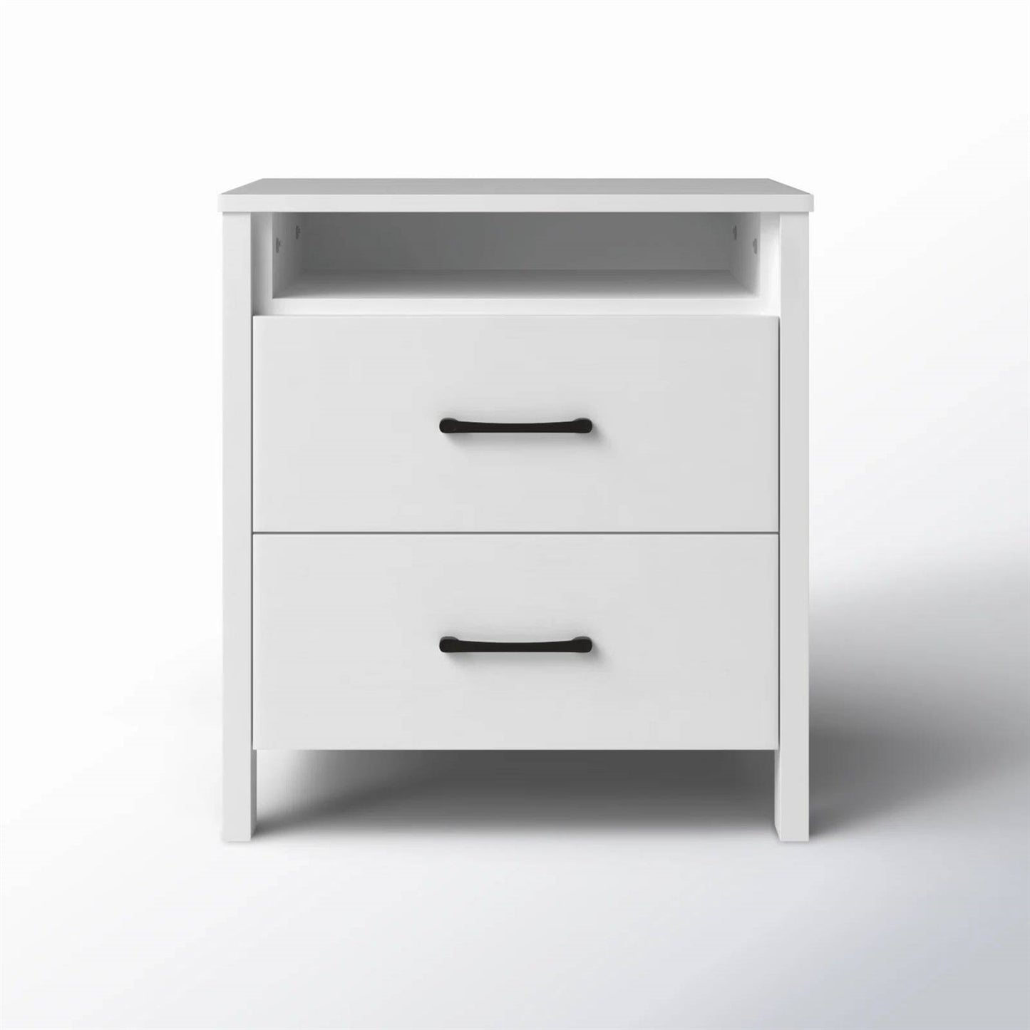 Modern 2-Drawer Bedside Table Nightstand in White Wood Finish with open shelf and sleek handles, perfect for contemporary bedrooms.