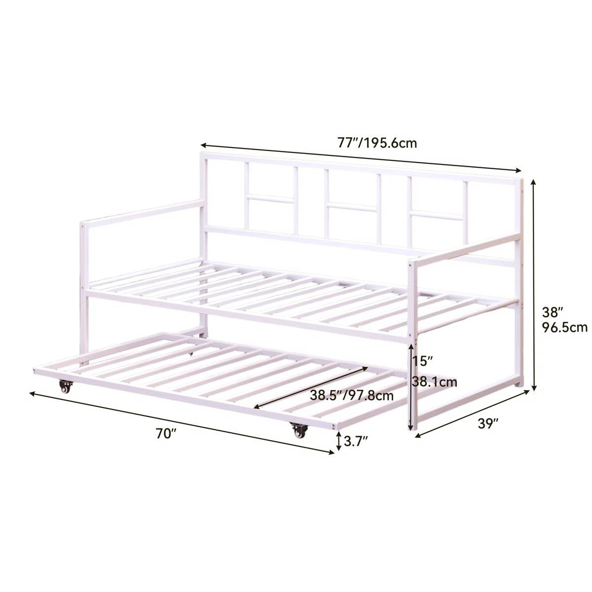 Twin size White Metal Daybed Frame with Roll Out Trundle Bed Frame dimensions diagram