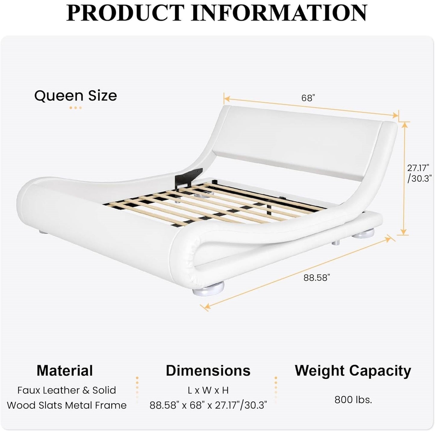 Queen Modern White Upholstered Platform Bed Frame with Sleigh Curved Headboard, dimensions 88.58" x 68" x 27.17/30.3", weight capacity 800 lbs.