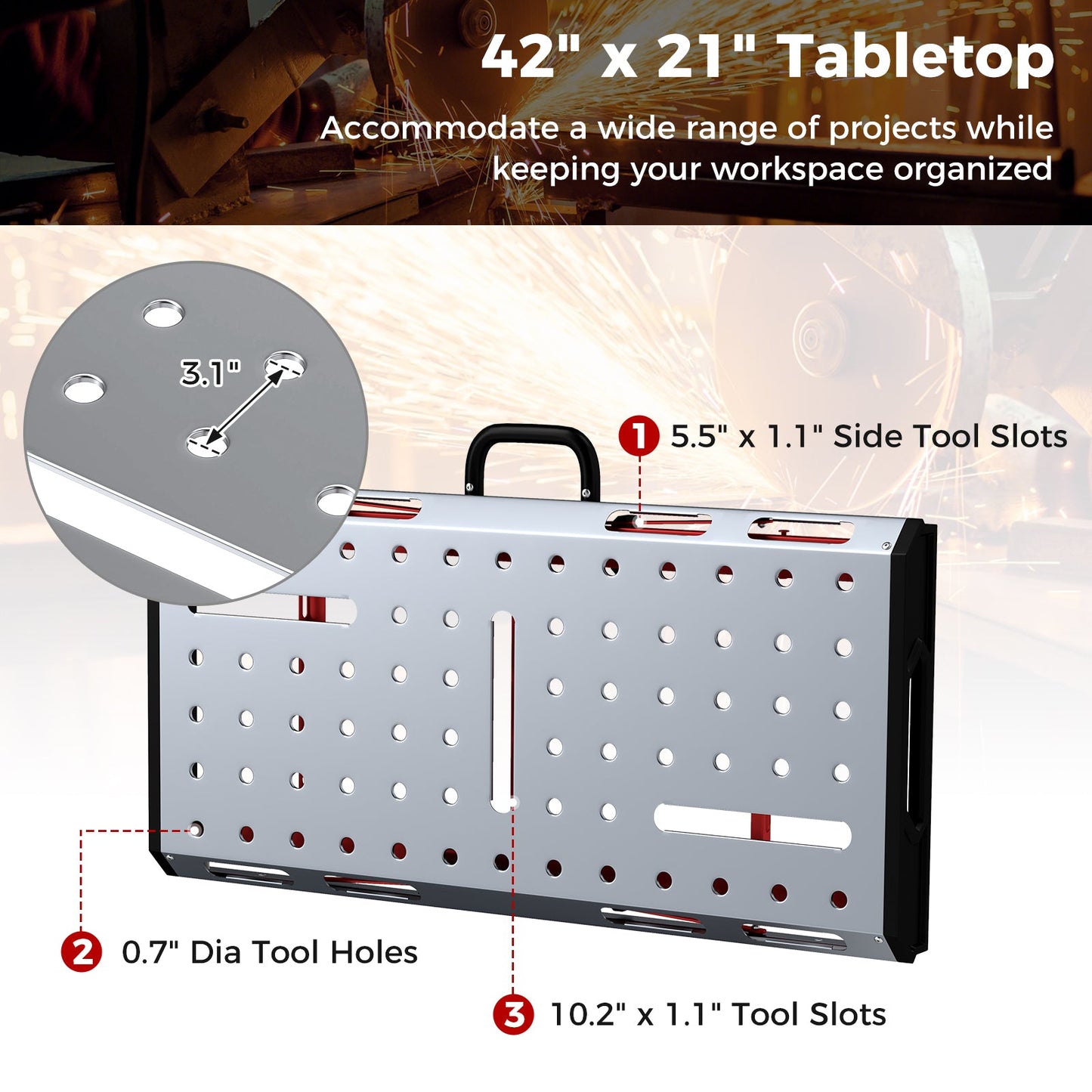 42 Inches x 21 Inches Welding Table with Adjustable Height and 2 Bar Clamps-Silver featuring detailed tool slots and holes