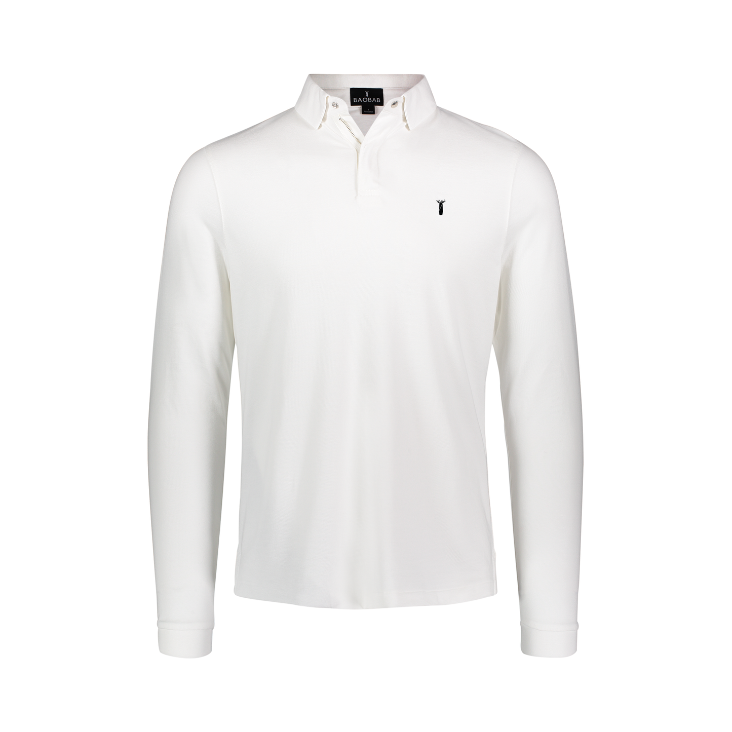 Long Sleeve Perfect Polo in white with StaySharp™ Collar and tailored fit, featuring hidden microfiber cloth for glasses and screens.