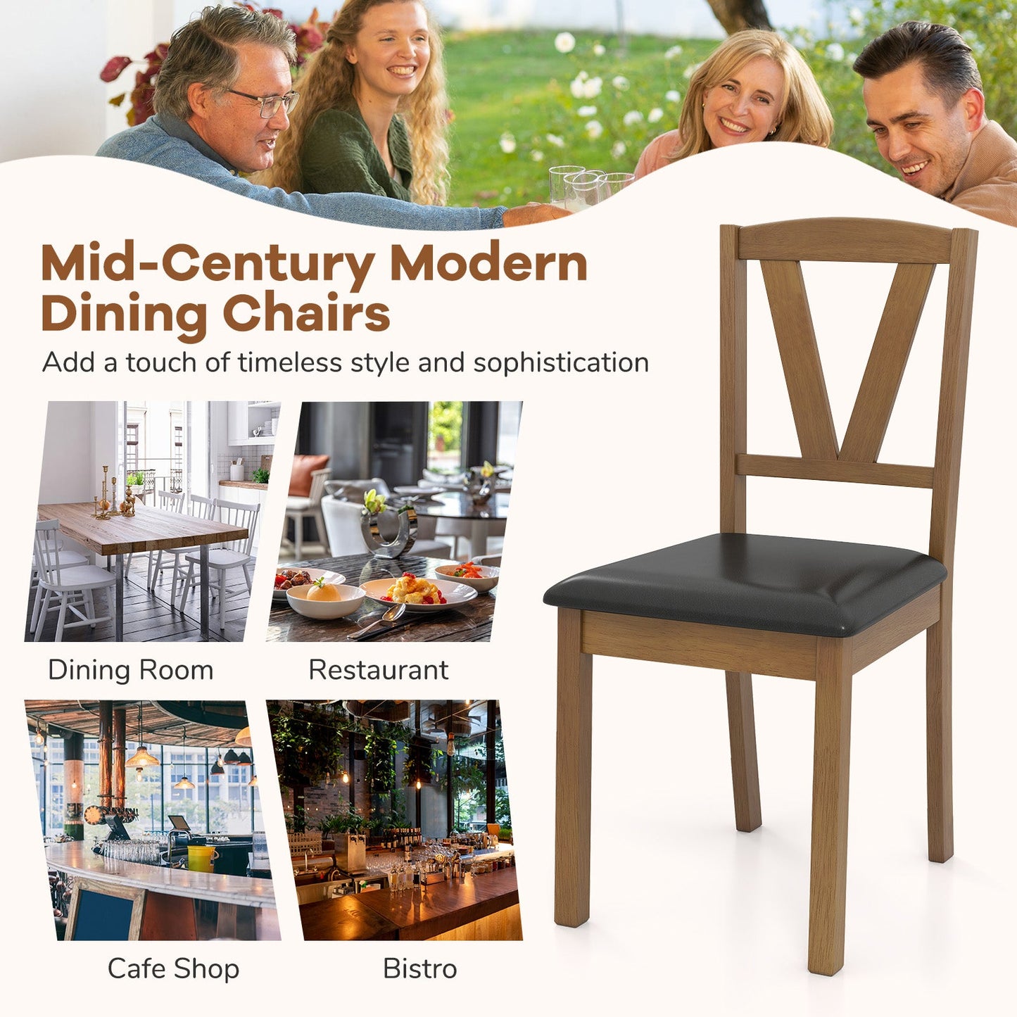 Wooden Dining Chair Set of 2 with PU Leather Upholstered and Rubber Wood Frame-Brown displayed in dining and cafe settings