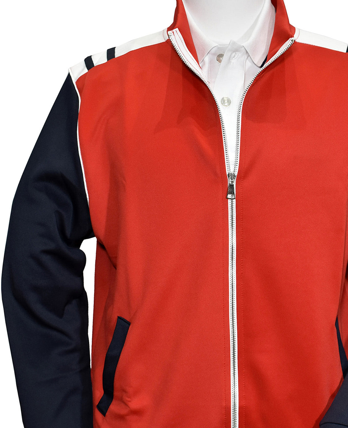 Rarri Italian Leisure Set classic jacket with red and white accent trim, poly microfiber fabric, and side slash pockets, front view.