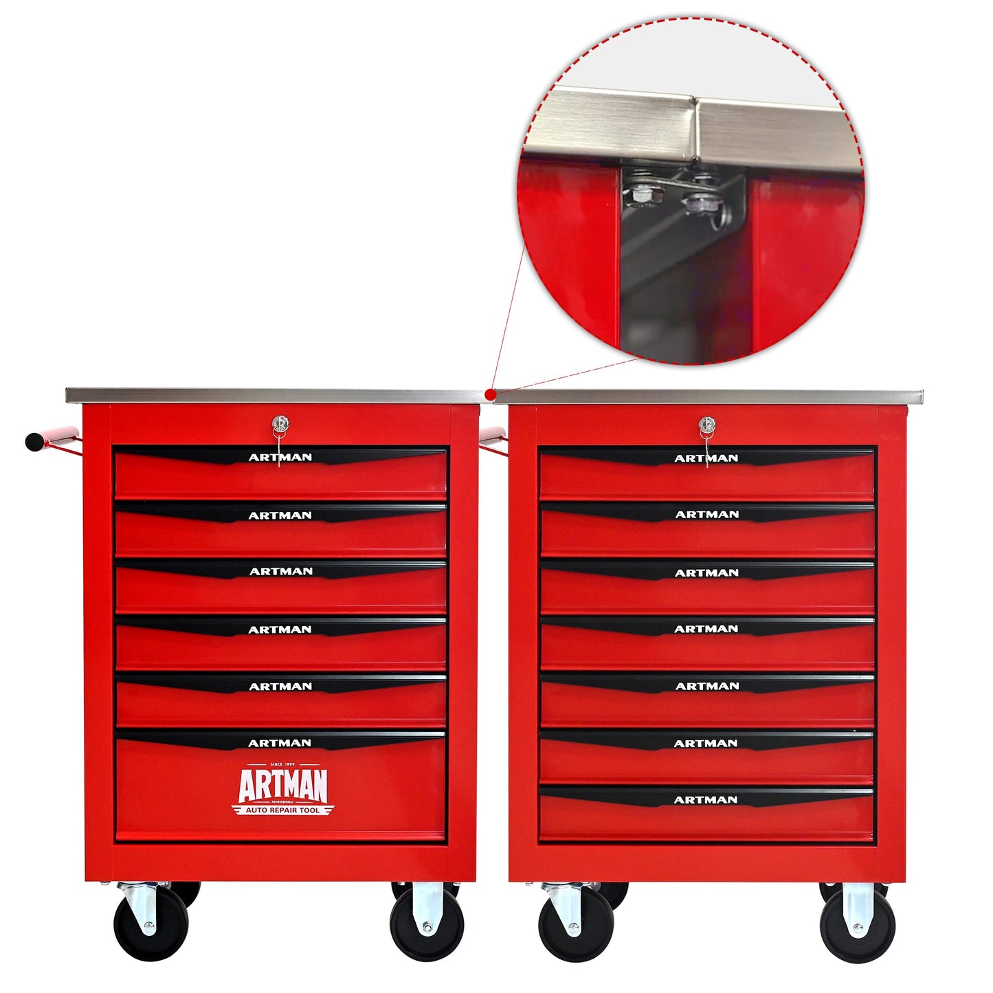 7 Drawers Multifunctional Tool Cart with Wheels,Metal Rolling Tool Cart Storage for Garage Workshop Warehouse Repair Shop--With Stainless Steel Roof- Red&Black