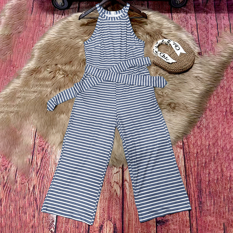 Casual Striped Jumpsuits Summer Cap Sleeve Wide Leg Jumper