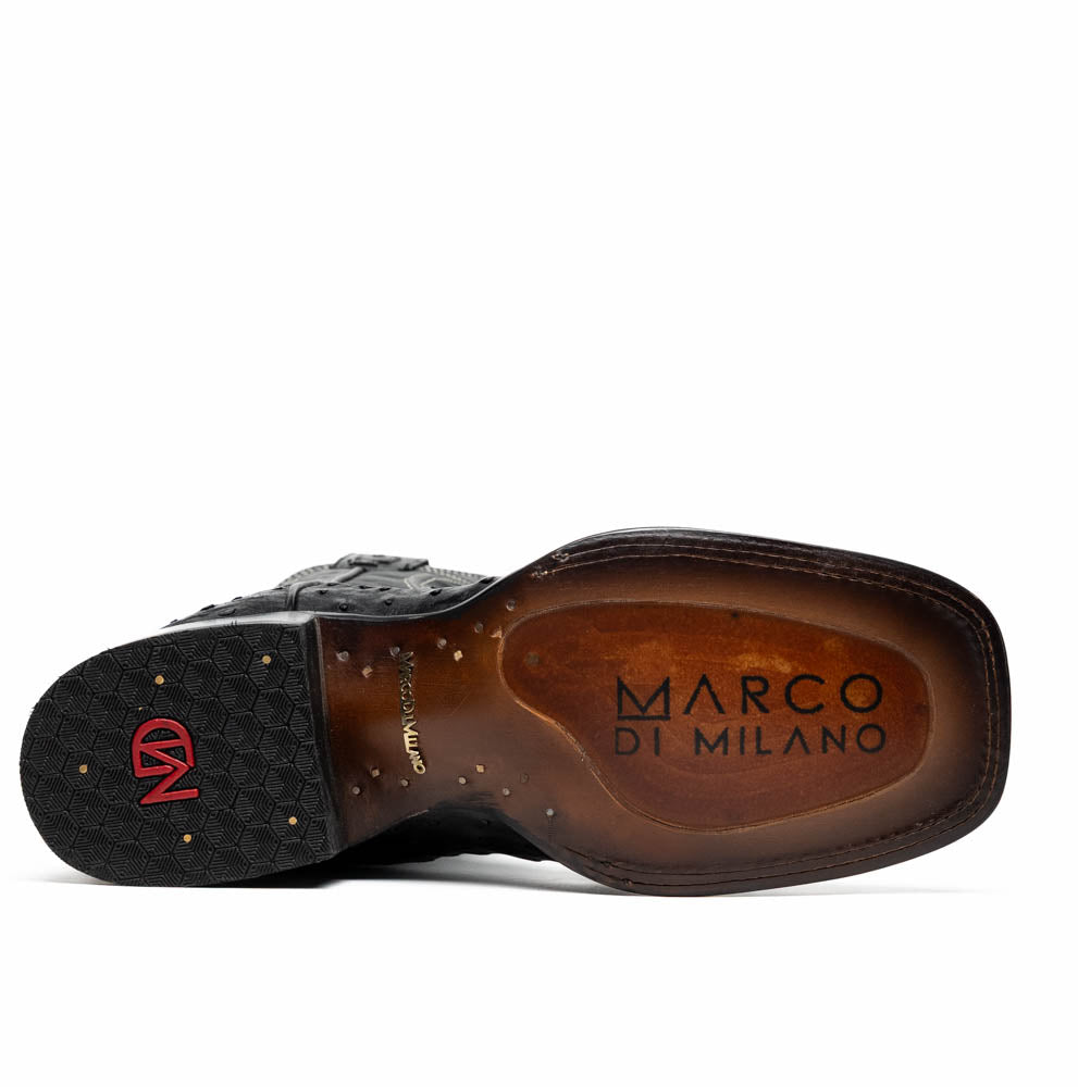 Sole view of Alabama Black ostrich skin cowboy boot showing craftsmanship and brand logo.
