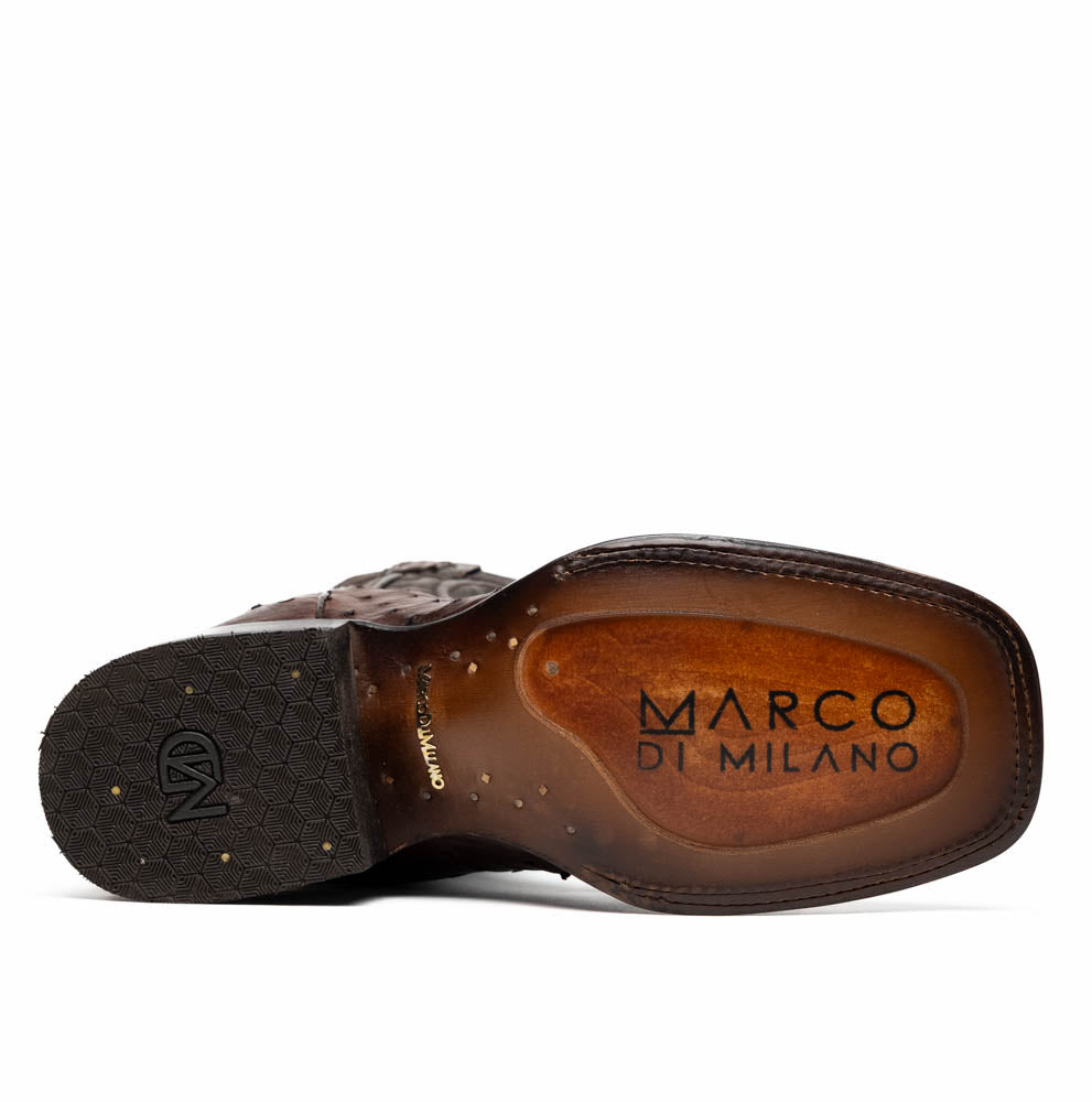 Sole of Alabama Kango Tabac cowboy boot with "Marco di Milano" logo, made from genuine ostrich skin and full-grain leather.