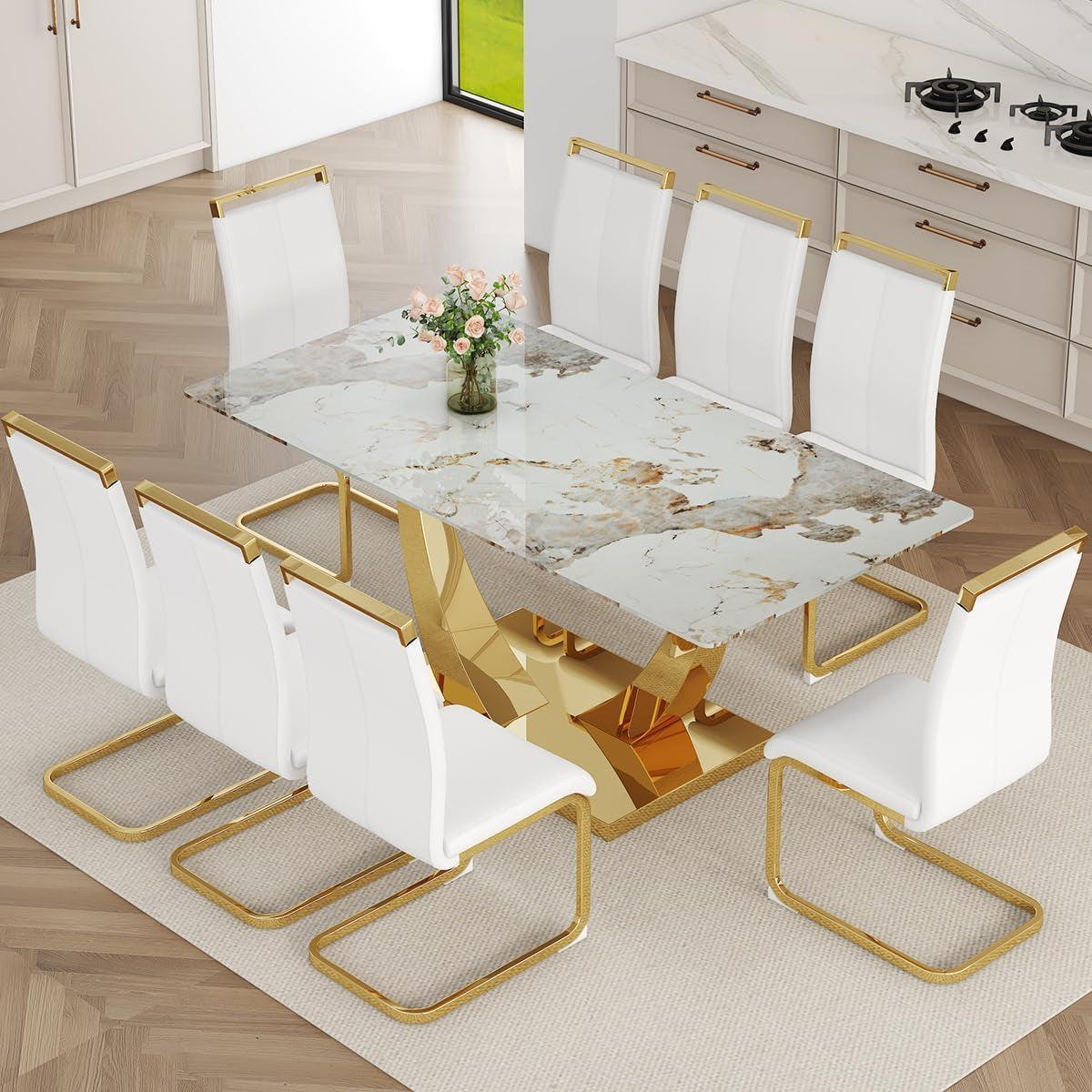 71 Inch Faux Marble Dining Table Tempered Glass Top with gold base and chairs