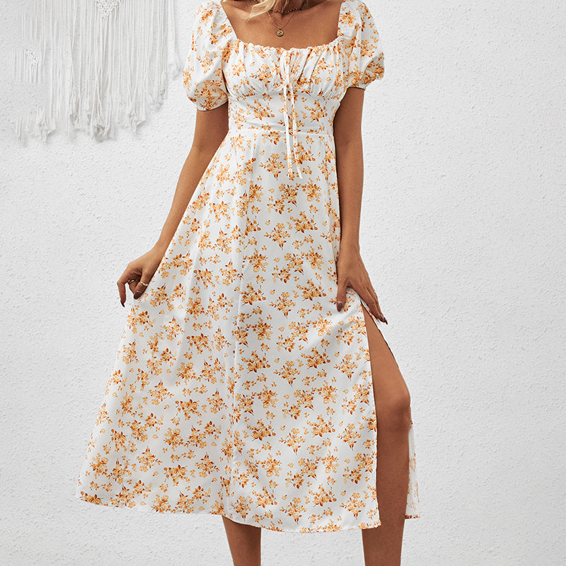 Square Neck Floral Print Dress With Puff Sleeves & Side Slit Maxi Dress