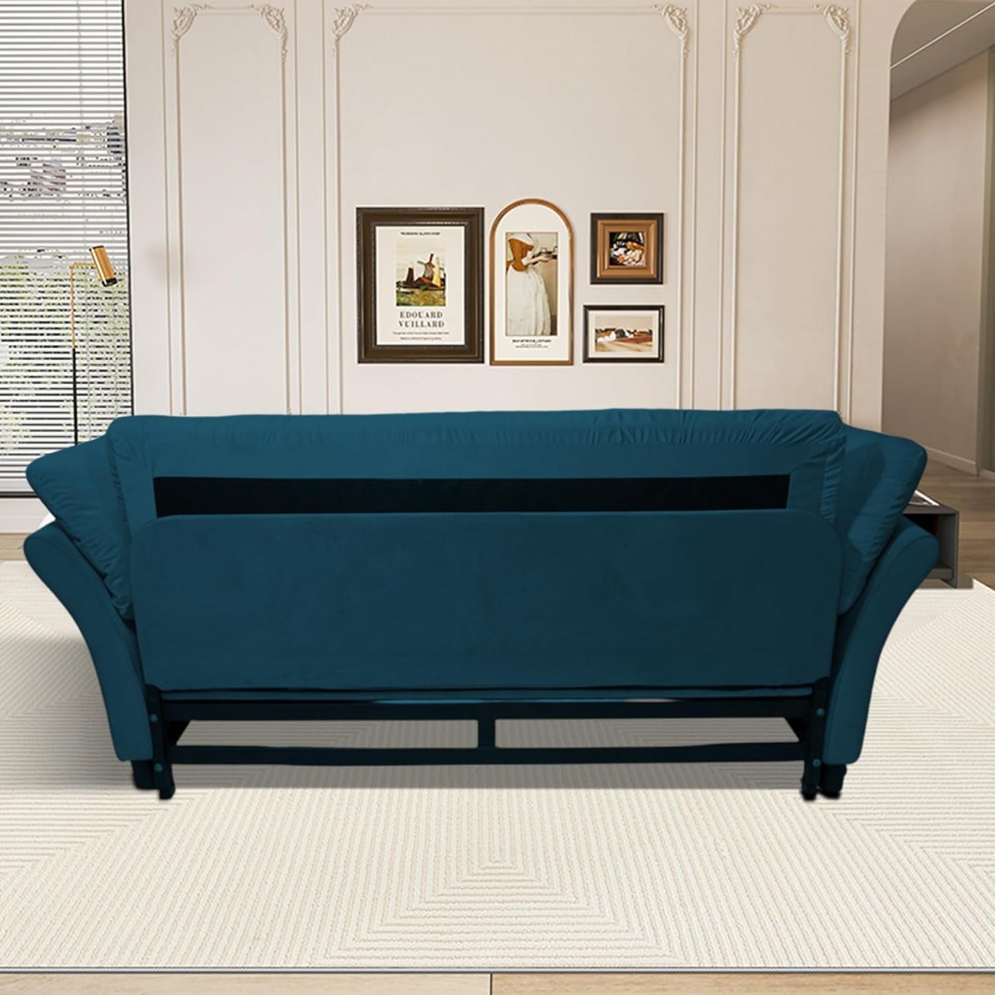 Blue Queen Size Three In One Convertible Sleeper Sofa with high-density foam cushions in a stylish living room setting.