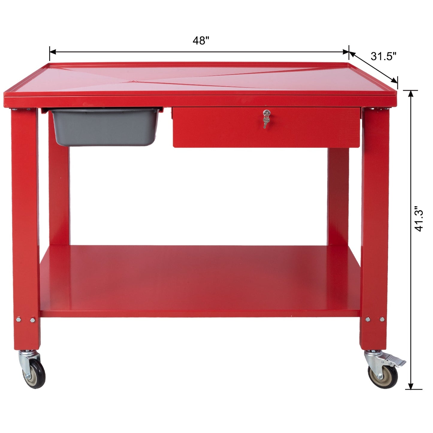 Transmission Teardown Work Station 1/2 Ton Capacity Sloping Drain Table Locking Drawer Removable Drain Basin Full-Width Lower Shelf Four 4-Inch Caster Wheels