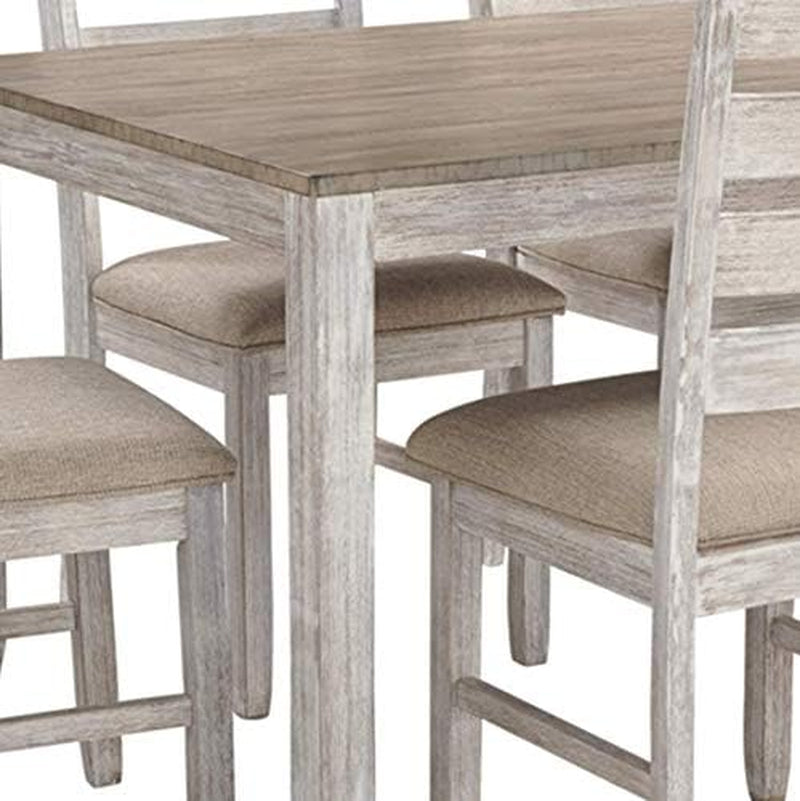 Seven Piece Weathered Whitewash Dining Set Collection with solid wood and acacia veneers featuring a plank-style table top.