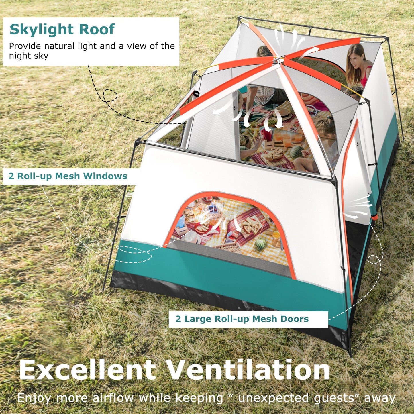 6-8 Person Camping Tent with Double Rooms and 2 Doors-Green showcasing mesh windows, doors, and skylight roof for ventilation.