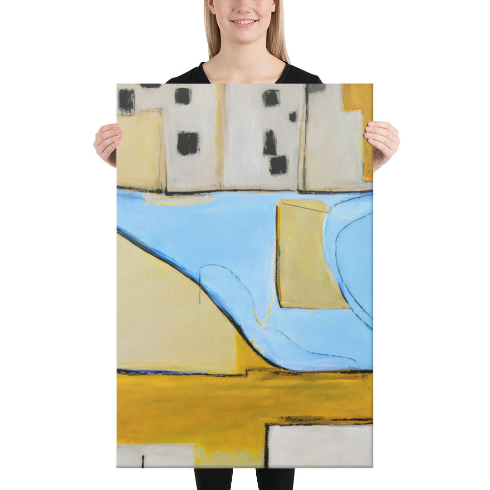 Person holding Chromatic Symphony I canvas print with bold black lines, imperfect whimsical designs, adding depth and balance.